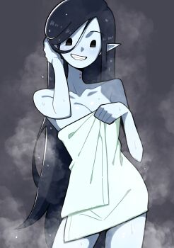 1girl absurdres adventure_time black_eyes black_hair breasts collarbone colored_skin cowboy_shot fang grey_background grey_skin grin highres large_breasts long_hair marceline_abadeer n_k_m naked_towel pointy_ears smile solo sweat tagme teeth towel vampire