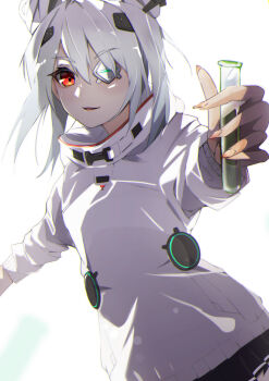 Rule 34 | 1girl, black skirt, double bun, eyepatch, fingernails, grey hair, hair between eyes, hair bun, hair ornament, headgear, heaven burns red, highres, holding, holding test tube, jacket, long sleeves, looking at viewer, natsuki (muravito), open mouth, parted lips, pleated skirt, red eyes, simple background, skirt, smile, solo, sweater, test tube, white background, white hair, white sweater, yamawaki bon ivar