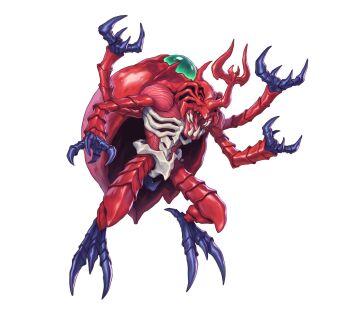alfonsaurus arthropod_limbs atlurkabuterimon bug carapace claws digimon digimon_(creature) digimon_focus exposed_muscle extra_arms extra_teeth full_body gem green_gem highres no_eyes no_humans open_mouth red_carapace sharp_teeth teeth