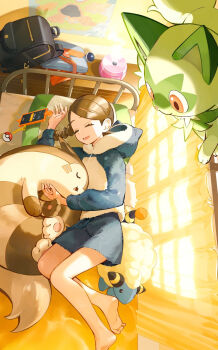 1girl backpack bag barefoot bed blue_jacket blue_shorts braid brown_hair cat cellphone_charm charm_(object) closed_eyes closed_mouth curtains day drooling folded_clothes furret gen_2_pokemon gen_4_pokemon gen_9_pokemon highres hood hooded_jacket jacket juliana_(pokemon) long_hair long_sleeves lying map mareep naranja_academy_school_uniform necktie nintendo on_side open_mouth orange_mikan phone pillow poke_ball poke_ball_(basic) pokemon pokemon_(creature) pokemon_sv red_eyes rotom rotom_phone saliva school_uniform sheep shirt shorts sleeping smile sprigatito unworn_clothes wardrobe window