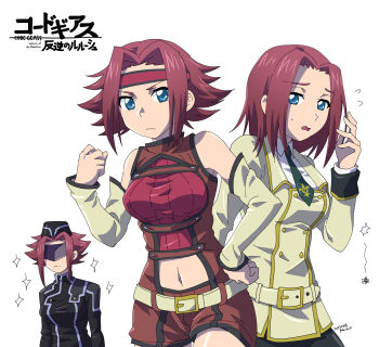 2023 3girls artist_name bandana bare_shoulders bee belt black_bodysuit black_hat blue_eyes bodysuit breasts bug character_name closed_mouth code_geass commentary copyright_name covered_eyes dated detached_sleeves flying_sweatdrops green_necktie hand_on_own_hip hat highres insect kouzuki_kallen long_sleeves medium_breasts multiple_girls multiple_persona navel necktie nervous ochishima open_mouth red_bandana red_hair school_uniform serious short_hair shy sidelocks simple_background sparkle white_background