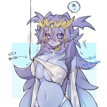 Rule 34 | 1girl, ayuthi007, bare shoulders, blue eyes, blue hair, blue skin, breasts, cleavage, colored skin, dominus impulse, duel monster, fishing line, large breasts, pointy ears, simple background, solo, strapless, tube top, upper body, white background, white tube top, yu-gi-oh!