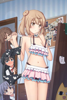 Rule 34 | 4girls, arashio (kancolle), arashio kai ni (kancolle), asashio (kancolle), asashio kai ni (kancolle), azumanga daiou, bikini, black bikini, black hair, blue eyes, blush, brown eyes, brown hair, clothes hanger, clothes in front, covering privates, crossover, double bun, dress, floral print, floral print bikini, frilled bikini, frills, grey hair, hair bun, highres, holding, holding clothes hanger, indoors, kantai collection, konato k, long hair, long sleeves, michishio (kancolle), mihama chiyo's father, multiple girls, navel, neck ribbon, nude cover, ooshio (kancolle), ooshio kai ni (kancolle), pinafore dress, print bikini, red ribbon, ribbon, ruffle bikini, school uniform, shirt, short hair, short twintails, sleeveless, sleeveless dress, standing, swimsuit, topless female, twintails, white shirt