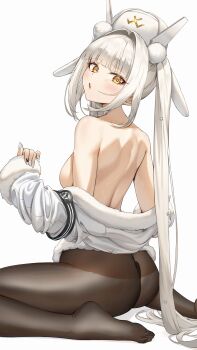 1girl :o absurdres ass back bare_shoulders black_pantyhose blanc_(fortune_express)_(nikke) blanc_(nikke) breasts fang goddess_of_victory:_nikke hat highres looking_at_viewer medium_breasts off_shoulder official_alternate_costume pantyhose pixel_(yuxian) simple_background sitting solo wariza white_background white_hair white_hat yellow_eyes