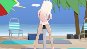 10s 1girl 3d ass bare_arms bare_legs bare_shoulders beach beach_chair beach_towel beach_umbrella blender_(medium) blonde_hair boombox bottomless clitoris commentary crop_top female_focus flower from_behind gs-mantis hair_flower hair_ornament hibiscus highres kantai_collection loli long_hair nabel object_insertion ocean one-piece_tan own_hands_together pussy_juice ro-500_(kancolle) sailor_collar solo tan tanline torpedo towel tree umbrella uncensored vaginal vaginal_object_insertion