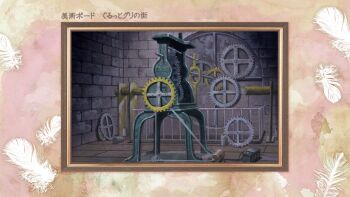 abe_yoshitoshi artist_request border brick_wall brown_border check_artist clockwork feathers gears haibane_renmei highres indoors machine no_humans official_art ornate_border pink_border production_art railing scenery third-party_source translation_request white_feathers wooden_floor