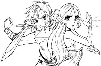 1boy 1girl bare_shoulders breasts dress highres holding holding_sword holding_weapon hyrule_warriors:_age_of_calamity left-handed link long_hair looking_at_viewer nintendo pointy_ears princess_zelda sideboob sketch sword teevo the_legend_of_zelda the_legend_of_zelda:_breath_of_the_wild triforce tunic weapon wrist_cuffs