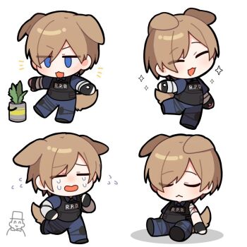 2boys :&lt; animal_ears bandaged_arm bandages black_gloves blue_eyes blue_pants blue_shirt blush brown_hair bulletproof_vest chibi chibi_only commentary crying dog_boy dog_ears dog_tail flying_sweatdrops gloves herb kemonomimi_mode leaf leon_s._kennedy male_focus mr._x_(resident_evil) multiple_boys multiple_views pants parted_bangs plant potted_plant redvvvred resident_evil resident_evil_2 shirt short_hair short_sleeves sparkle sparkling_aura symbol-only_commentary tail vest white_background