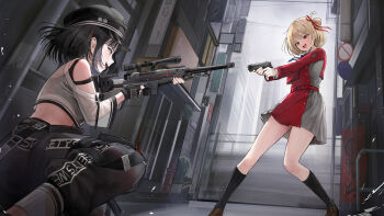 Rule 34 | 2girls, :d, absurdres, aiming, black hair, black hat, black pants, black socks, blonde hair, commentary request, fingerless gloves, gloves, goddess of victory: nikke, gun, hair ribbon, handgun, hat, highres, holding, holding gun, holding weapon, lillly, looking at another, lycoris recoil, lycoris uniform, milk (nikke), multiple girls, nishikigi chisato, open mouth, outdoors, pants, red eyes, ribbon, rifle, short hair, smile, sniper rifle, socks, squatting, weapon, yellow eyes