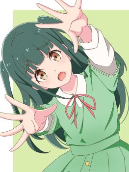 1girl blunt_bangs brown_eyes collared_shirt commentary_request contrast_collar cowboy_shot foreshortening green_background green_hair green_shirt highres ikizulive!_love_live!_bluebird layered_sleeves leaning_to_the_side litecolors_radi long_hair long_sleeves looking_at_viewer love_live! neck_ribbon open_hands open_mouth outstretched_arms pink_ribbon pleated_skirt raised_inner_eyebrows ribbon shirt short_over_long_sleeves short_sleeves simple_background skirt skirt_set solo thick_eyebrows two_side_up yamada_midori