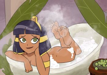 ancient_egyptian_clothes arm_rest armband ass bathing bathtub black_hair blonde_hair blunt_bangs blunt_ends bob_cut breasts cleavage cleopatra_(cleopatra_in_space) cleopatra_in_space commentary dark-skinned_female dark_skin dimples_of_venus drawfag elbow_rest feet feet_up foliage food fruit gold_armband gold_headdress grapes green_eyes halo_hair hand_on_own_cheek hand_on_own_face head_rest highres leaf looking_at_viewer lying multicolored_hair on_stomach partially_submerged raised_eyebrows short_hair soap_bubbles soles steam table the_pose third-party_source toes two-tone_hair upturned_eyes uraeus water