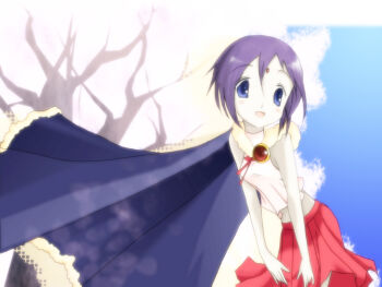 1girl aged_down alternate_costume animification bindi blue_eyes cape dc_comics facial_mark female_focus forehead_jewel forehead_mark purple_hair raven_(dc) short_hair skirt solo teen_titans