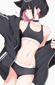 1girl absurdres animal_ears black_buruma black_choker black_jacket black_sports_bra black_sports_panties blue_archive blunt_bangs breasts buruma cat_ears choker colored_inner_hair commentary_request extra_ears hair_ornament hairclip heart highres hood hooded_jacket isocha jacket kazusa_(blue_archive) looking_at_viewer multicolored_hair navel parted_lips pink_eyes pink_hair short_hair simple_background small_breasts solo sports_bra sports_panties stomach undressing white_background