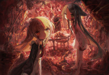2girls apron arms_behind_back black_dress blonde_hair blood blood_on_clothes blood_on_face camisole chair chinese_commentary closed_mouth commentary_request crossover dark dress flat_chest flesh flesh_blood_&amp;_concrete floating_hair food_in_mouth fox_kikumi full_body green_eyes green_hair guro hair_flaps hair_ornament hair_scrunchie highres indoors intestines long_hair long_sleeves looking_at_viewer multiple_girls nika_(flesh_blood_&amp;_concrete) raw_meat red_eyes sandals saya_(saya_no_uta) saya_no_uta school_uniform scrunchie smile soviet_school_uniform table two_side_up upper_body very_long_hair white_apron white_camisole white_footwear white_scrunchie