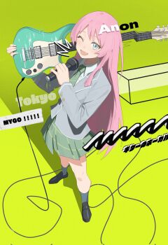 1girl anon_tokyo_(bang_dream!) bang_dream! bang_dream!_it's_mygo!!!!! black_shoes cable chihaya_anon commentary diagonal-striped_clothes diagonal-striped_necktie electric_guitar fang fromgod_jungle green_background green_necktie green_skirt grey_eyes grey_jacket grey_socks guitar haneoka_school_uniform highres holding holding_guitar holding_instrument holding_microphone instrument jacket long_hair long_sleeves microphone necktie open_mouth pink_hair pleated_skirt school_uniform shoes simple_background skin_fang skirt socks solo striped_clothes symbol-only_commentary