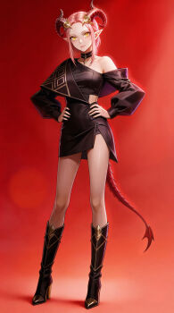 1girl absurdres black_boots black_choker black_dress boots breasts choker closed_mouth commentary_request dragon_horns dragon_tail dress full_body hands_on_own_hips high_heels highres horns kaer_sasi_dianxia light_smile lips looking_at_viewer medium_breasts original pink_hair pointy_ears red_background short_hair solo stiletto_heels tail yellow_eyes