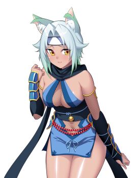 1girl animal_ear_fluff animal_ears arm_guards bare_shoulders black_scarf blue_dress blue_hair blush breasts cat_ears cleavage closed_mouth cowboy_shot dark-skinned_female dark_skin dress fishnets forehead_protector game_cg gloves gradient_hair headband highres japanese_clothes large_breasts large_variant_set looking_at_viewer lunatic_ninja magical_girl multicolored_hair nanao_(mahaya) navel ninja non-web_source ochite_iku_seisenshi_lunatic_angels official_art sash scarf shindou_yuki_(lunatic_angels) short_hair simple_background solo standing thighs transparent_background variant_set white_background yellow_eyes