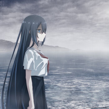 1girl black_hair black_skirt blue_eyes blue_hair cloud cloudy_sky copyright_notice from_side grey_sky hair_between_eyes hashtag-only_commentary highres long_hair mountain mountainous_horizon neckerchief ocean official_art oumi_shiori outdoors overcast pleated_skirt profile rain red_neckerchief sailor_collar school_uniform serafuku shirt short_sleeves skirt sky solo standing very_long_hair watashi_wo_tabetai_hitodenashi wet wet_clothes wet_hair white_sailor_collar white_shirt