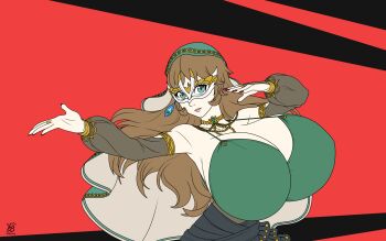 1girl absurdres bare_shoulders breasts bridal_gauntlets cleavage dancer eye_mask female_focus flat_color gigantic_breasts green_eyes highres long_hair looking_at_viewer mask nail_polish persona persona_5 persona_5:_the_phantom_x phoebe_(p5x) shiina_yumi solo upper_body ydbunny