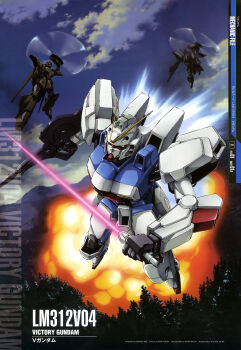 1990s_(style) abe_shingo absurdres beam_rifle beam_shield character_name cloud cloudy_sky energy_gun energy_sword explosion flying forest green_eyes gundam gundam_perfect_file highres machinery mecha mecha_focus mobile_suit nature official_art pine_tree retro_artstyle robot scan scene_reference science_fiction sky sword thrusters tree v-fin v_gundam victory_gundam weapon zanscare zolo