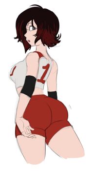 1girl ass bare_shoulders black_hair elbow_pads grey_eyes gym_shorts highres huge_ass ruby_rose rwby short_hair shorts solo thighs toshkarts white_background