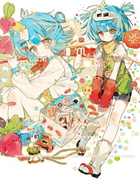 1girl blue_hair blue_sailor_collar blush brown_eyes closed_mouth commission dot_mouth dot_nose food gloves hair_ornament hairpin highres knee_blush looking_at_viewer mihuashi_commission multiple_views original polka_dot polka_dot_scarf puffy_short_sleeves puffy_sleeves red_gloves red_pupils sailor_collar sandals scarf school_uniform short_hair short_sleeves shorts sidelocks speech_bubble star_(symbol) sushi two_side_up twuos watermark yellow_scarf