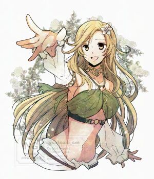 Rule 34 | 1girl, armpit crease, armpits, bare shoulders, blonde hair, breasts, commentary request, detached sleeves, dress, english text, flower, hair flower, hair ornament, jewelry, long hair, looking at viewer, midriff, navel, necklace, octopath traveler, octopath traveler: champions of the continent, octopath traveler 0, open mouth, parted bangs, saoirse (octopath traveler), satsuki (chaosmode), smile, solo, stomach, upper body, very long hair, watermark, white background, yellow eyes