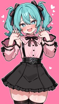 1girl absurdres black_skirt black_thighhighs blush bow hatsune_miku heart highres jirai_kei pink_background shiguren_39 shirt skirt solo thighhighs twintails vocaloid