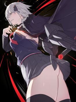 1girl ahoge ass black_cloak black_jacket black_thighhighs blue_sweater breasts choker cloak collared_shirt commentary_request fate/grand_order fate_(series) fur-trimmed_cloak fur_trim gauntlets grey_hair grey_skirt grin headpiece highres jacket jeanne_d'arc_alter_(avenger)_(fate) jeanne_d'arc_alter_(fate) large_breasts long_sleeves natu_zame necktie pseudo-tokyo_school_uniform school_uniform shirt short_hair skirt smile solo sweater sword thighhighs weapon white_shirt yellow_eyes