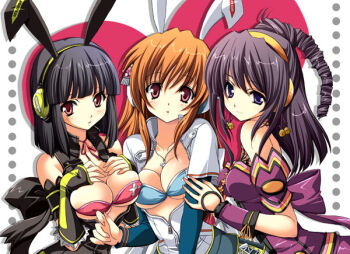 3girls animal_ears beatmania_iidx beatmania_iidx_14_gold bemani black_hair blunt_bangs blush bob_cut bra breast_suppress breasts brown_hair candy_bunny cleavage fake_animal_ears headphones hinazuki_lilina hinazuki_ririna hinazuki_ririna_(candy_bunny) large_breasts lingerie looking_at_viewer medium_breasts multiple_girls purple_eyes rabbit_ears red_eyes umegiri_hifumi umegiri_iroha umegiri_iroha_(candy_bunny) underwear upper_body yukiwo