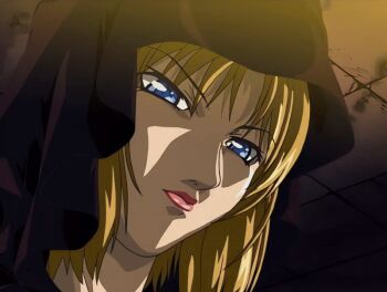 00s 1girl 2002 animated animated_gif basement bible_black bible_black_night_of_the_walpulgiss blonde_hair blue_eyes cloak kitami_reika lipstick makeup nurse ritual robe short_hair tagme