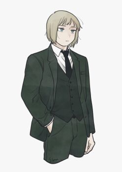 Rule 34 | 1boy, axis powers hetalia, black necktie, blonde hair, blue eyes, buttons, closed mouth, collared shirt, cowboy shot, empty eyes, formal clothes, green jacket, green pants, green suit, green vest, half-closed eyes, hand in pocket, highres, jacket, lapels, long sleeves, looking afar, male focus, mi aph to, necktie, open clothes, open jacket, pants, shirt, short hair, simple background, solo, standing, suit, suit jacket, switzerland (hetalia), vest, white background, white shirt