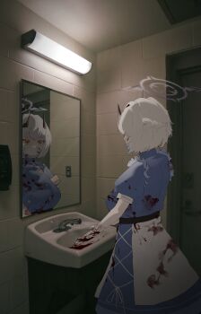 1girl absurdres bathroom blood blood_on_clothes blood_on_face blood_on_hands blue_archive blue_dress braid breasts cowboy_shot dim_lighting dress faucet gloves grey_hair hair_between_eyes half_up_braid halo highres horns indoors large_breasts lights mask mask_pull mirror mouth_mask photo_background plentyofempty sena_(blue_archive) short_hair short_sleeves sink soap_dispenser surgical_mask tears white_hair yellow_eyes