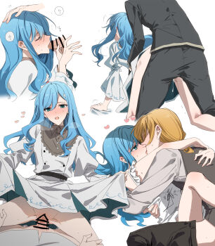 Rule 34 | 1boy, 1girl, alois hades arnold rockmann, amazuki jou, bar censor, bed sheet, black pants, blonde hair, blue eyes, blue hair, blush, censored, closed eyes, commentary request, cum, cumdrip, dress, fellatio, hair between eyes, hair ornament, hand on another's head, heart, highres, long hair, mahou sekai no uketsukejou ni naritai desu, nanalie persephone hel, open mouth, oral, pants, penis, pussy juice, saliva, sex, sheet grab, speech bubble, translation request, veins, veiny penis, white dress
