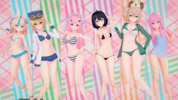 3d animal_ears bikini black_hair blonde_hair blue_eyes breasts cat_ears dooby fins fish_tail green_eyes indie_virtual_youtuber jacket koikatsu_(medium) large_breasts looking_at_viewer medium_breasts multiple_girls mumble_(shachimu) nimi_nightmare one-piece_swimsuit pink_eyes pink_hair sameko_saba small_breasts string_bikini striped_bikini striped_clothes swimsuit tagme tail tapir_ears virtual_youtuber yubari_rei yuuki_sakuna