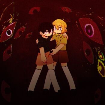 2boys alternate_costume alternate_eye_color antenna_hair bad_id bad_twitter_id basil_(faraway)_(omori) basil_(omori) black_hair black_shirt black_shoes blonde_hair blood blood_on_clothes blood_on_hands brown_shorts closed_mouth collared_shirt double-parted_bangs film_grain green_shirt hair_between_eyes hand_on_another&#039;s_shoulder highres kneehighs looking_at_viewer male_focus morivivi3 multiple_boys omori shirt shoes short_hair shorts sidelocks socks something_(omori) spoilers sunny_(omori) t-shirt third-party_source white_eyes white_socks