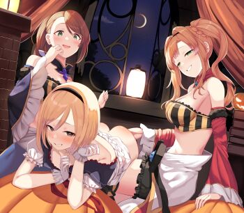 3girls absurdres ass bare_shoulders beatrix_(granblue_fantasy) beatrix_(halloween)_(granblue_fantasy) blonde_hair blush bob_cut braid breasts brown_eyes brown_hair cloud cloudy_sky commentary_request crescent_moon detached_sleeves djeeta_(granblue_fantasy) femdom french_braid frills gloves granblue_fantasy green_eyes grin hairband halloween halloween_costume highres indoors jack-o'-lantern lantern large_breasts midriff moon multiple_girls night open_mouth orange_hair over_the_knee ponytail pumpkin shirt sky smile smug spanked spanking star_(sky) starry_sky strapless strapless_shirt teeth twintails warlock_(granblue_fantasy) window yamato_(muchuu_paradigm) yuri zeta_(granblue_fantasy) zeta_(halloween)_(granblue_fantasy)