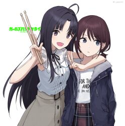 Rule 34 | 2girls, ahoge, arm around neck, awa subaru, black hair, black ribbon, blue eyes, blue jacket, brown hair, brown skirt, closed mouth, clothes writing, commentary, copyright name, dress shirt, drumsticks, english text, girls band cry, hair intakes, highres, holding, holding drumsticks, iseri nina, jacket, long hair, looking at viewer, low twintails, mos (m gespannt), multiple girls, neck ribbon, open clothes, open jacket, open mouth, parted bangs, plaid, plaid skirt, purple eyes, red skirt, ribbon, shirt, shirt tucked in, short hair, short twintails, sidelocks, simple background, skirt, sleeveless, sleeveless shirt, twintails, v, white background, white shirt