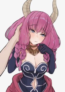 1girl absurdres aura_(sousou_no_frieren) averting_eyes blue_eyes blush breasts cleavage closed_mouth clothing_cutout demon_horns detached_sleeves dress embarrassed hair_between_eyes hand_in_another&#039;s_hair hands_up highres horns long_hair long_sleeves medium_breasts muginosa navel_cutout pov purple_dress purple_hair quad_braids sleeveless sleeveless_dress solo sousou_no_frieren