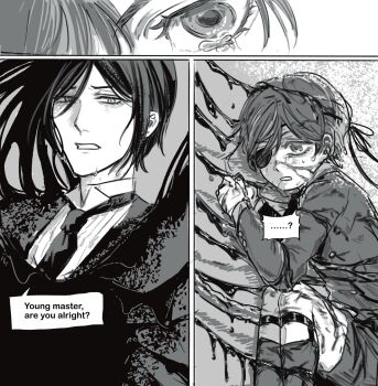 2boys bishounen black_hair black_necktie black_suit blood butler ciel_phantomhive earrings ena33333333 eyepatch formal_clothes giving_birth greyscale hair_between_eyes highres implied_male_pregnancy jacket jewelry kuroshitsuji male_focus monochrome multiple_boys necktie ouji_fashion sebastian_michaelis shirt short_hair speech_bubble suit tareme tears umbilical_cord victorian