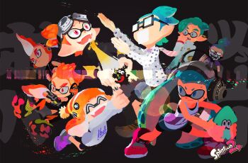 2girls 6+boys assisted_exposure bandana bobble-chan_(splatoon) pom_pom_beanie cellphone censored corocoro_comic corodragon ear_piercing fangs glasses glasses-kun_(splatoon) gloves-kun_(splatoon) goggle-kun_(splatoon) goggles goggles_on_head hachi_(splatoon) headphone-chan_(splatoon) highres inkling inkling_boy inkling_girl inkling_player_character inoue_seita multiple_boys multiple_girls nintendo novelty_censor octoling octoling_player_character official_art opaque_glasses pantsing phone piercing prince_(splatoon) rectangular_eyewear rectangular_mouth skull-kun_(splatoon) smartphone splatoon_(manga) splatoon_(series) splatoon_2 tank_top tentacle_hair