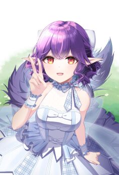 1girl adapted_costume blush breasts commentary_request cowboy_shot dress grass highres looking_at_viewer medium_breasts open_mouth orange_eyes plaid_clothes plaid_dress pointy_ears purple_hair ragnarok_masters ragnarok_online sakuraji_tomoka short_hair sleeveless sleeveless_dress smile solo v wavy_hair white_dress wrist_cuffs