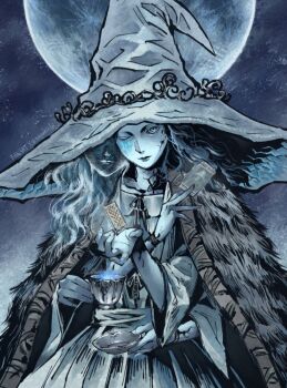1girl blue_background blue_eyes blue_skin cape cloak closed_mouth colored_skin cracked_skin cup dress elden_ring extra_arms extra_faces food fur_cape fur_cloak glowing glowing_tattoo hat highres holding holding_cup holding_food large_hat long_hair moon nagekichi ranni_the_witch signature sitting solo tattoo tea white_dress witch_hat