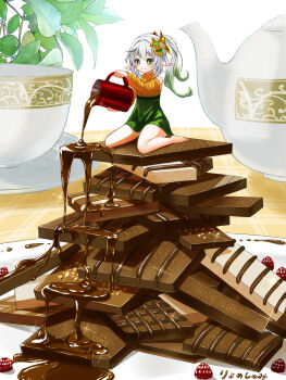 Rule 34 | 1girl, alternate costume, blush, chocolate, chocolate syrup, closed mouth, commentary request, cross-eyed, cup, full body, genshin impact, gradient hair, green eyes, green hair, green skirt, hair ornament, han (riyonosyumi), highres, holding, holding cup, long hair, multicolored hair, nahida (genshin impact), pointy ears, pouring, side ponytail, sitting, skirt, smile, solo, teacup, teapot, wariza, white hair