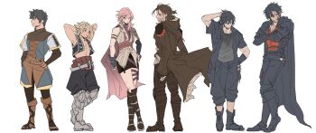 1girl 5boys absurdres adventurer_(ff11) adventurer_(ff14) armor black_armor black_hair blonde_hair boots brown_hair brown_jacket cape clive_rosfield final_fantasy final_fantasy_xi final_fantasy_xii final_fantasy_xiii final_fantasy_xiv final_fantasy_xv final_fantasy_xvi garbage_paper highres in-franchise_crossover jacket lightning_farron multiple_boys noctis_lucis_caelum pink_hair simple_background standing vaan_(ff12) vest warrior_of_light_(ff14)