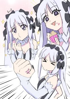 >_< 1girl absurdres black_bow black_nails blush bow breasts cleavage collar commentary_request cupcake detached_sleeves dress fate/strange_fake fate_(series) food francesca_prelati_(fate) frilled_collar frills hair_bow highres holding holding_food long_hair multiple_hair_bows notonaon ringed_eyes sparkle striped_clothes striped_dress vertical-striped_clothes vertical-striped_dress white_hair