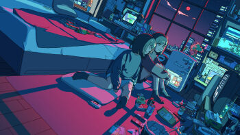 2girls absurdly_detailed_composition akabane_1999 apartment bonsai brown_hair calendar_(object) can clock clutter commentary commentary_request digital_clock dusk electric_plug electrical_outlet extension_cord highres indoors lava_lamp loaded_interior manga_(object) messy_room minifridge multiple_girls neon_lights neon_palette night original scenery sleeping speaker television terrarium