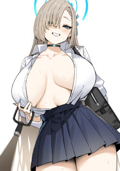 1girl asuna_(blue_archive) asuna_(school_uniform)_(blue_archive) bag black_skirt blonde_hair blue_archive blue_eyes blue_ribbon blush breasts choker collared_shirt commentary dress_shirt grin hair_over_one_eye hair_ribbon halo highres large_breasts leash long_hair looking_at_viewer open_clothes pleated_skirt ribbon school_bag school_uniform scrunchie shirt skirt sky-freedom sleeves_rolled_up smile solo symbol-only_commentary thighs very_long_hair white_shirt wrist_scrunchie