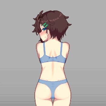 1girl 1other animated animated_gif ass back bar_censor blue_bra blue_panties blush bra brown_hair censored embarrassed from_behind grabbing_another&#039;s_ass green_eyes grey_background groping hair_ornament hairclip hanekenomichi-chan hurumero nose_blush original paid_reward_available panties panty_pull pixel_art pov pov_hands pulling_own_clothes short_hair shoulder_blades simple_background solo_focus sweatdrop underwear underwear_only