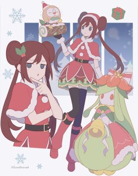 2girls 343rone absurdres bell belt bird black_gloves black_thighhighs blue_eyes boots bow box brown_hair capelet christmas closed_mouth clothed_pokemon colored_skin crown double_bun dress flower fur_trim gen_5_pokemon gen_7_pokemon gift gift_box gloves green_hair hair_bun hat highres holly lilligant long_hair monster_girl multiple_girls nintendo official_alternate_costume owl parted_lips plant_girl pokemon pokemon_(creature) pokemon_masters_ex red_boots red_capelet red_hat red_skirt rosa_(holiday_2019)_(pokemon) rosa_(pokemon) rowlet santa_costume santa_hat skirt smile snowflakes thighhighs twintails white_bow yule_log_(cake)